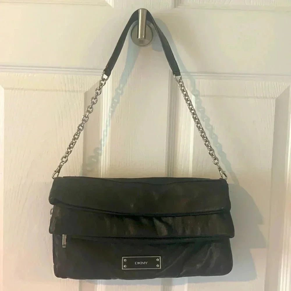 DKNY convertible Leather shoulder bag/ clutch with silver hardware